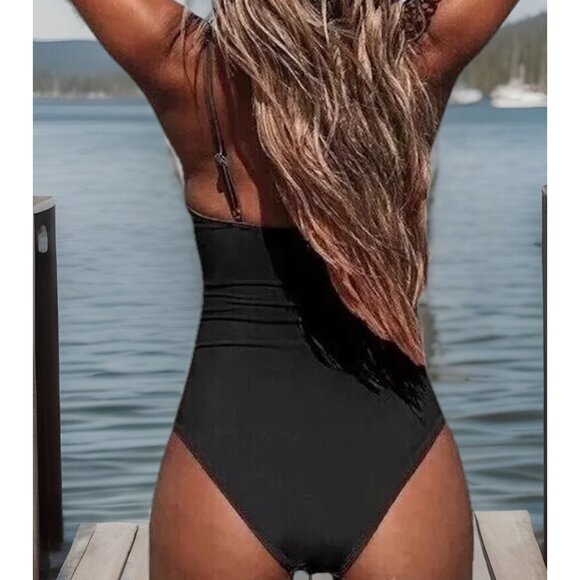 Cupshe Women’s One Piece Swimsuit Small Black V Neck Ruched High Cut Adjustable - Picture 3 of 8
